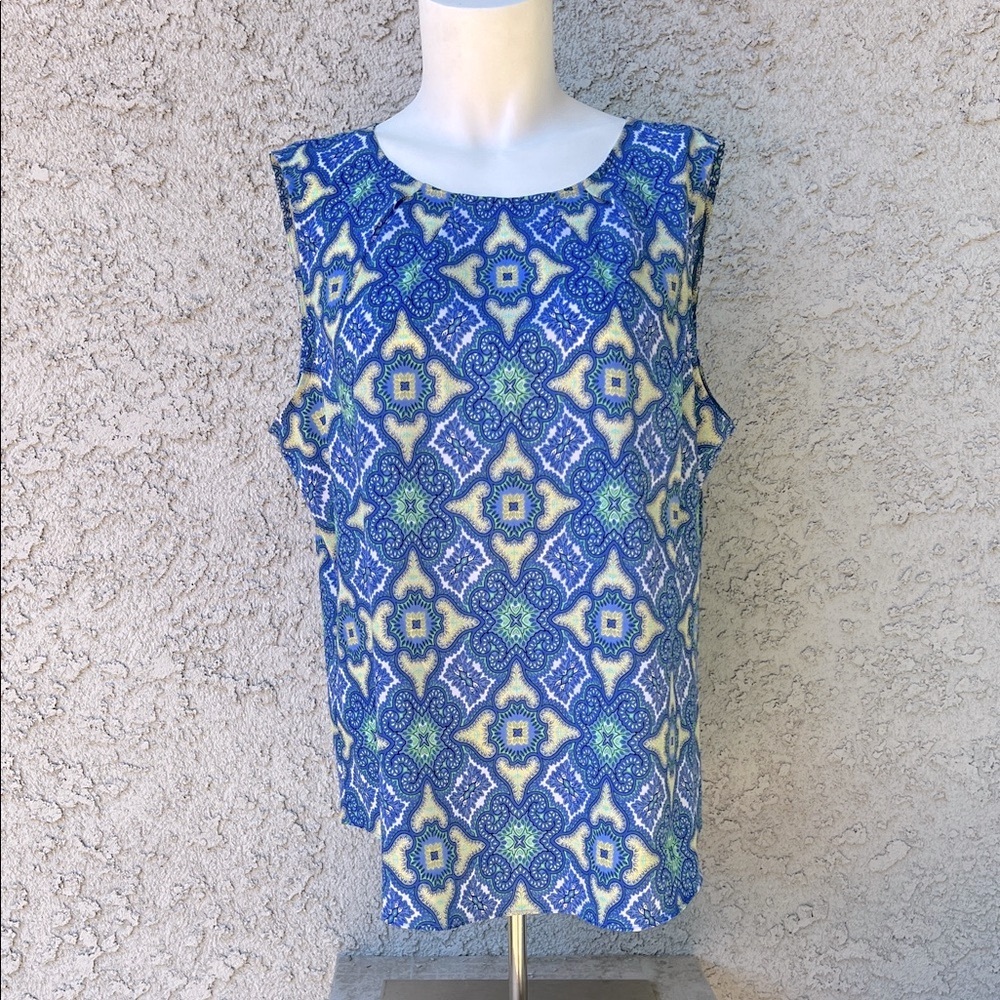 Talbots Blue and Yellow Geometric Shapes Abstract Pleated Tank Top Blouse Shirt
